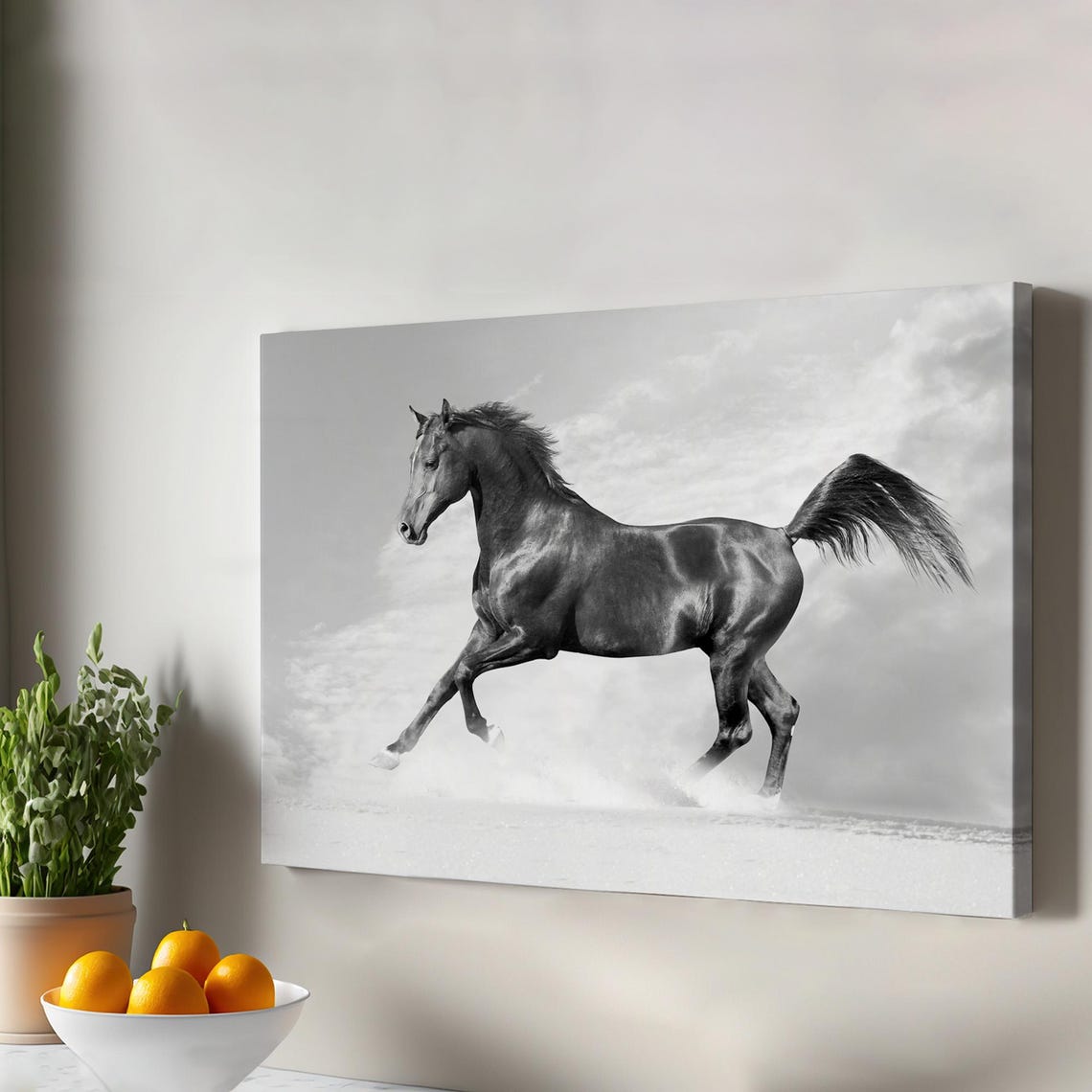 Black Stallion Galloping Wild Horse Black White Equestrian Poster
