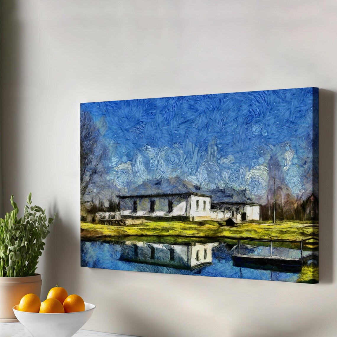 Lakeside Village House Starry Night Reflection Impressionist Style Poster