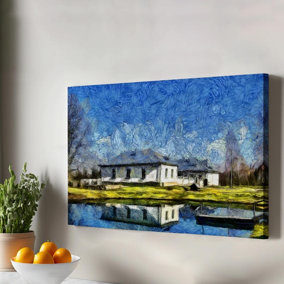 Village House By The Lake Decorative Wall Art Nature Decor Canvas Print