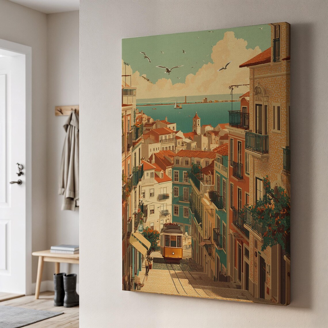 Lisbon Cityscape Vintage Tram Travel Poster