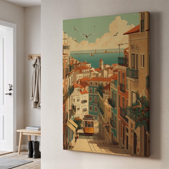 Lisbon Cityscape Vintage Tram Travel Poster