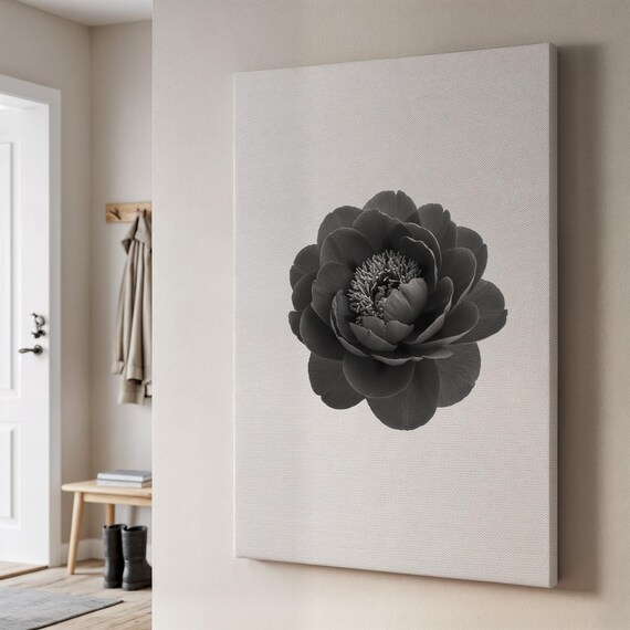 Minimal Black And White Flower Canvas Art Elegant Botanical Print On Beige Modern Monochrome Wall Decor Calm Gift For Stylish Homes