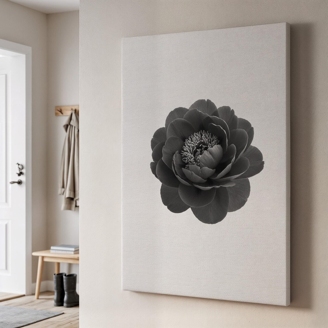 Black Peony Canvas Minimalist Monochrome Botanical Flower Modern Wall Poster