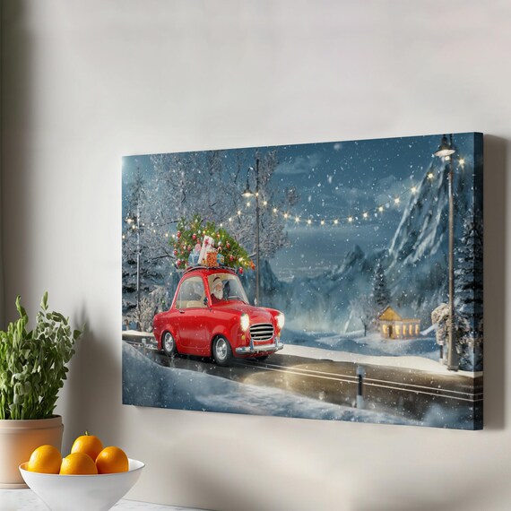 Santa Claus Driving Little Red Retro Car Snowy Christmas Print