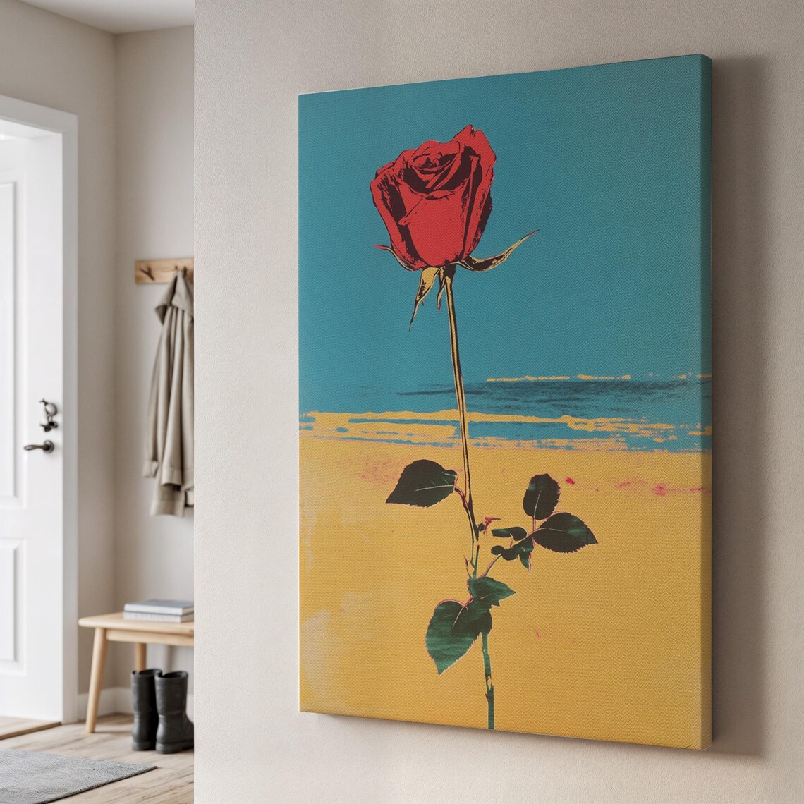 Minimal Red Rose Canvas Wall Art Bold Flower On Desert Sand And Teal Sky Pop Botanical Print Framed Graphic Artwork For Modern Interiors