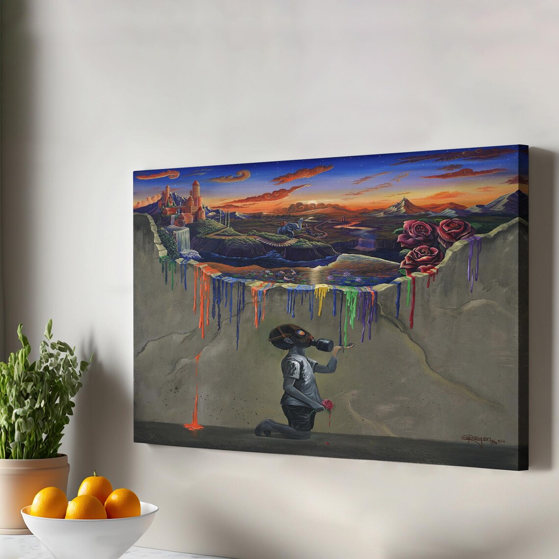 Surreal Symphony of Colors Floating City Gas Mask Dripping Paint Poster