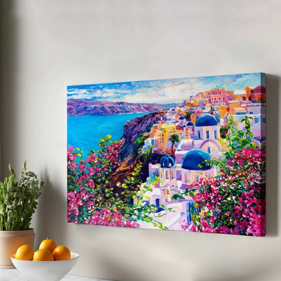 Santorini Greece Conceptual Abstract Painting Of A Beautiful Girl Landscape Wall Canvas Table Nature Decor