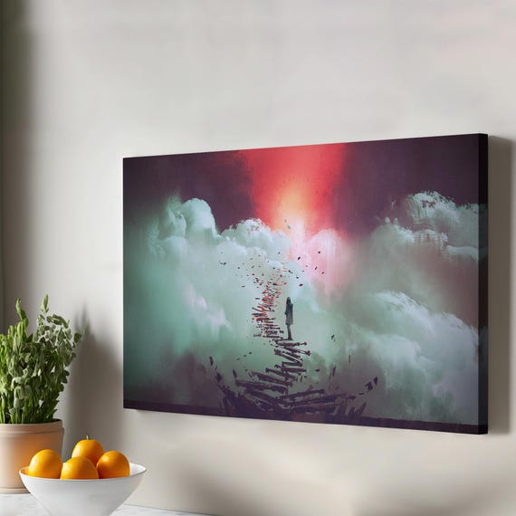 Young Woman Standing On Broken Ladder To The Sky Canvas Art Large Wall Surreal Modern Decor