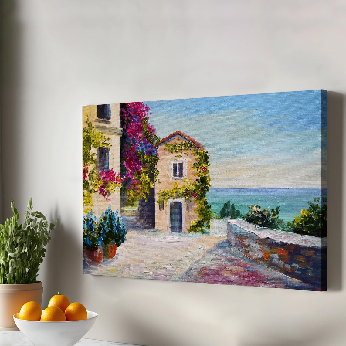 Mediterranean Village House Sea View Bougainvillea Oil Painting Poster