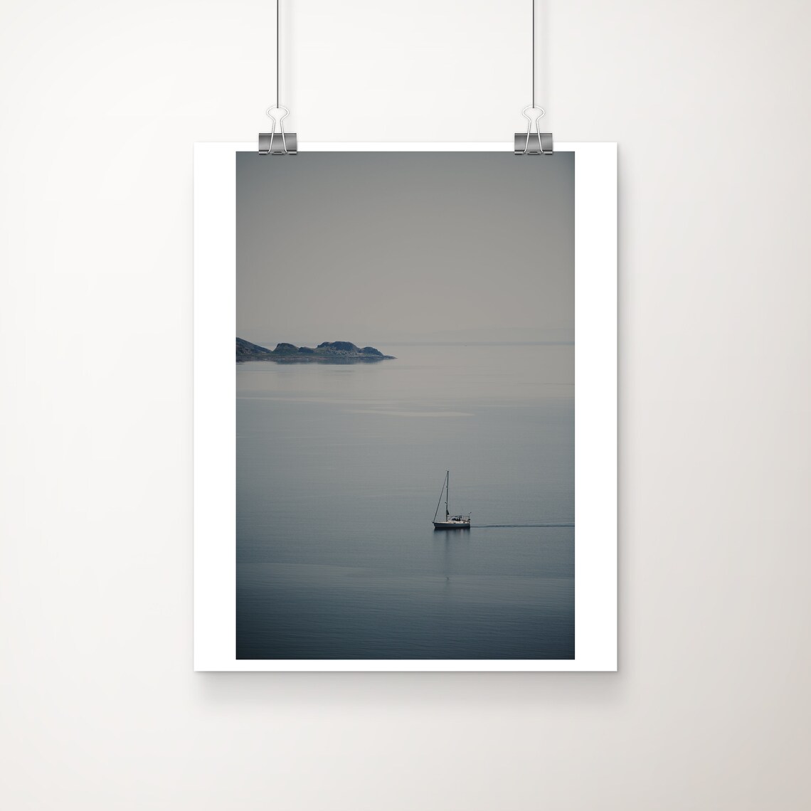 Lone Sailboat on Misty Gray Sea Minimalist Seascape Photo Poster