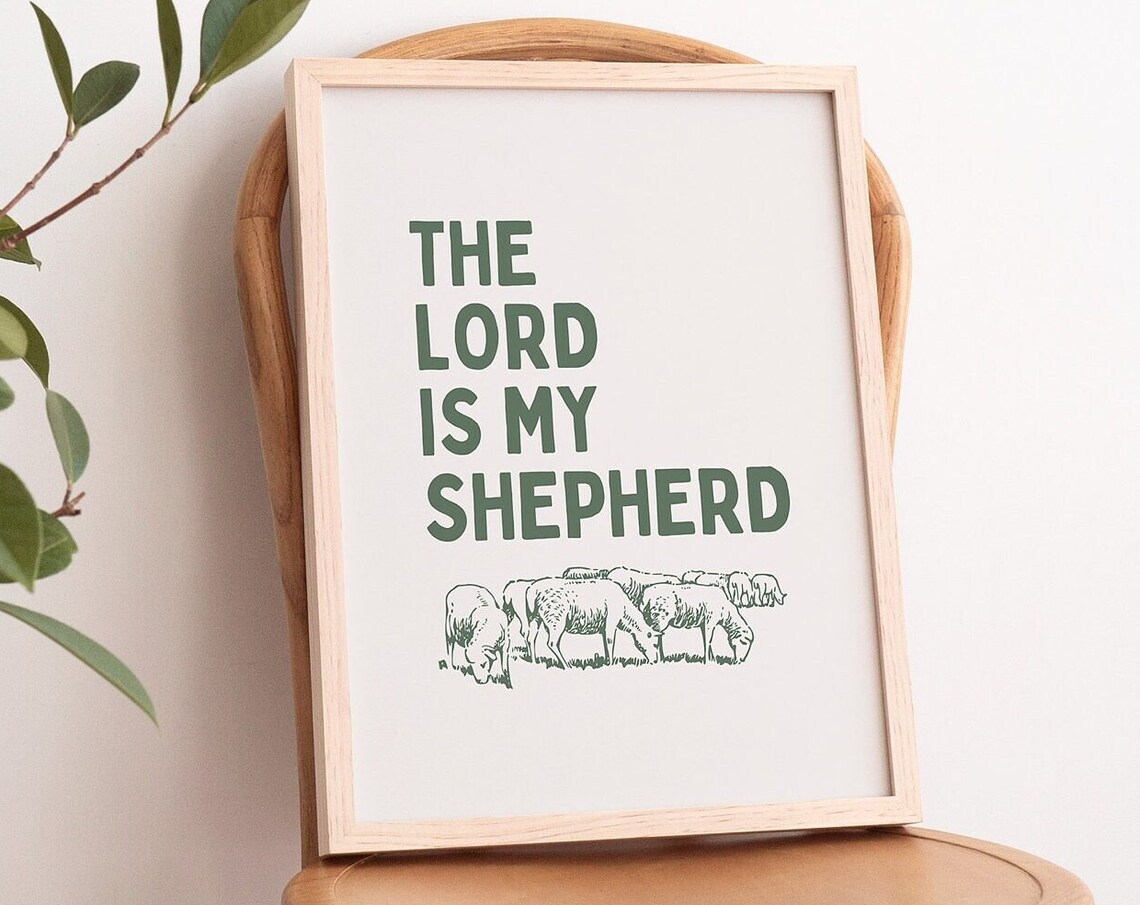 The Lord Is My Shepherd Sage Green Sheep Illustration Christian Wall Art