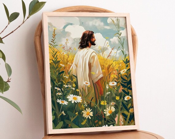 Jesus Walking In A Daisy Field Wildflower Meadow Painting Print