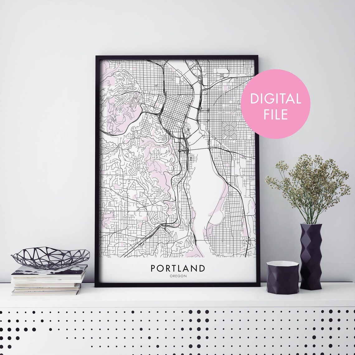 Portland Oregon USA Minimalist Black White City Map Art Print