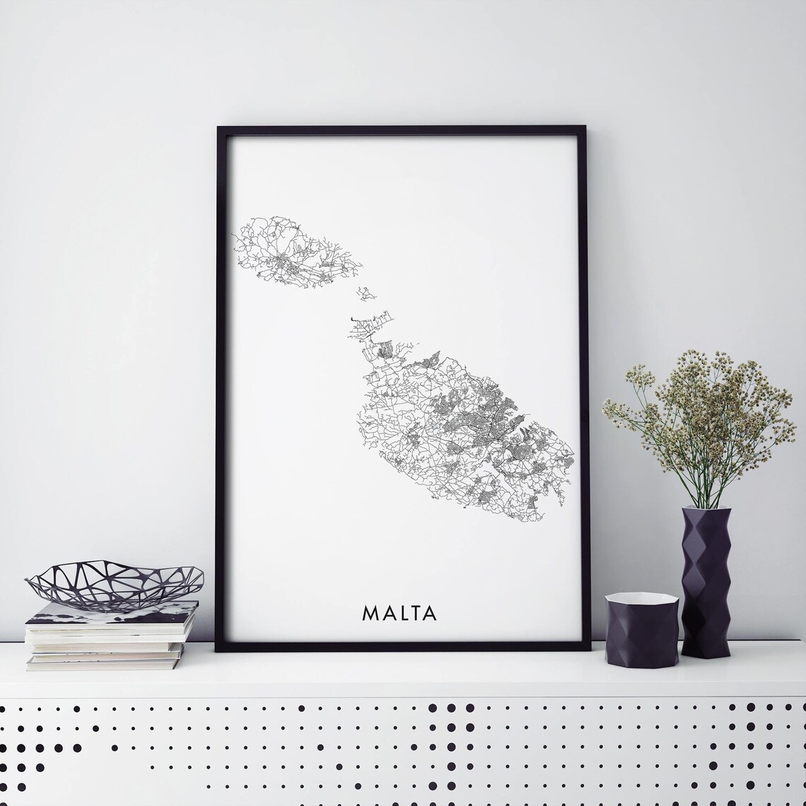 Scandinavian Minimalist Malta Country Road Map Black White Art Print