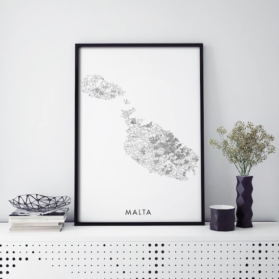 Scandinavian Minimalist Malta Country Road Map Black White Art Print