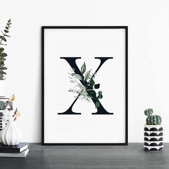 Botanical Letter X Monogram Initial Watercolor Greenery Art Poster