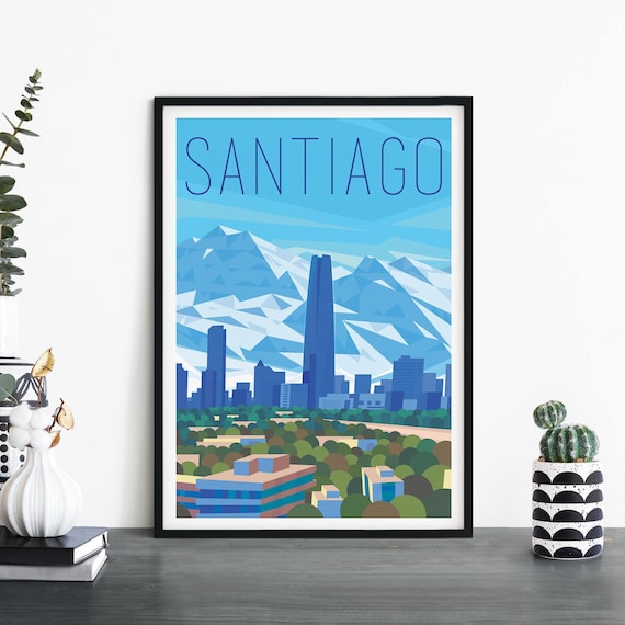 Santiago Chile City Skyline Andes Mountains Blue Geometric Travel Poster