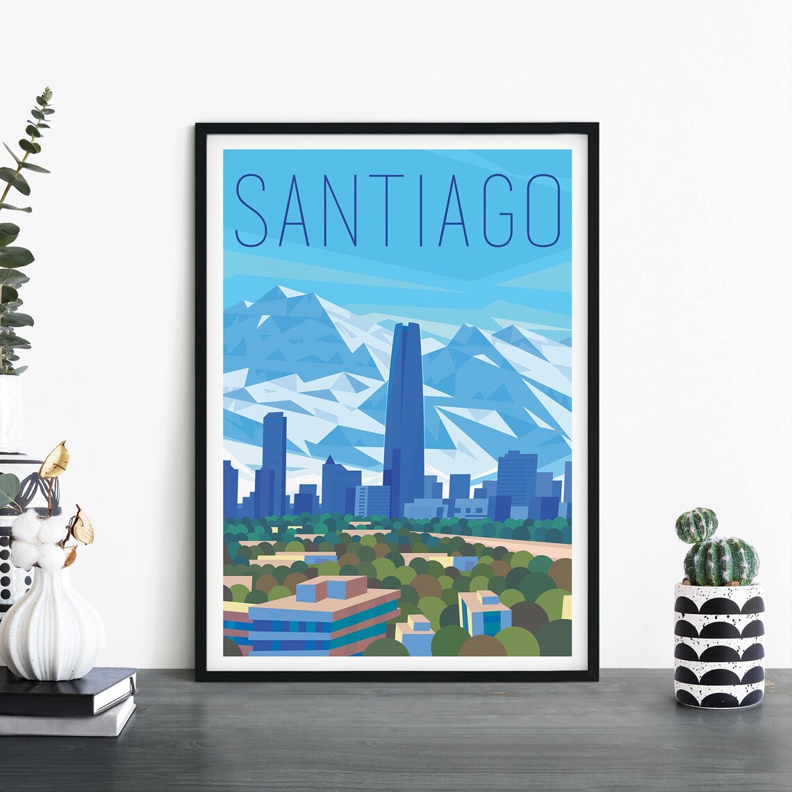 Santiago Chile City Skyline Andes Mountains Blue Geometric Travel Poster