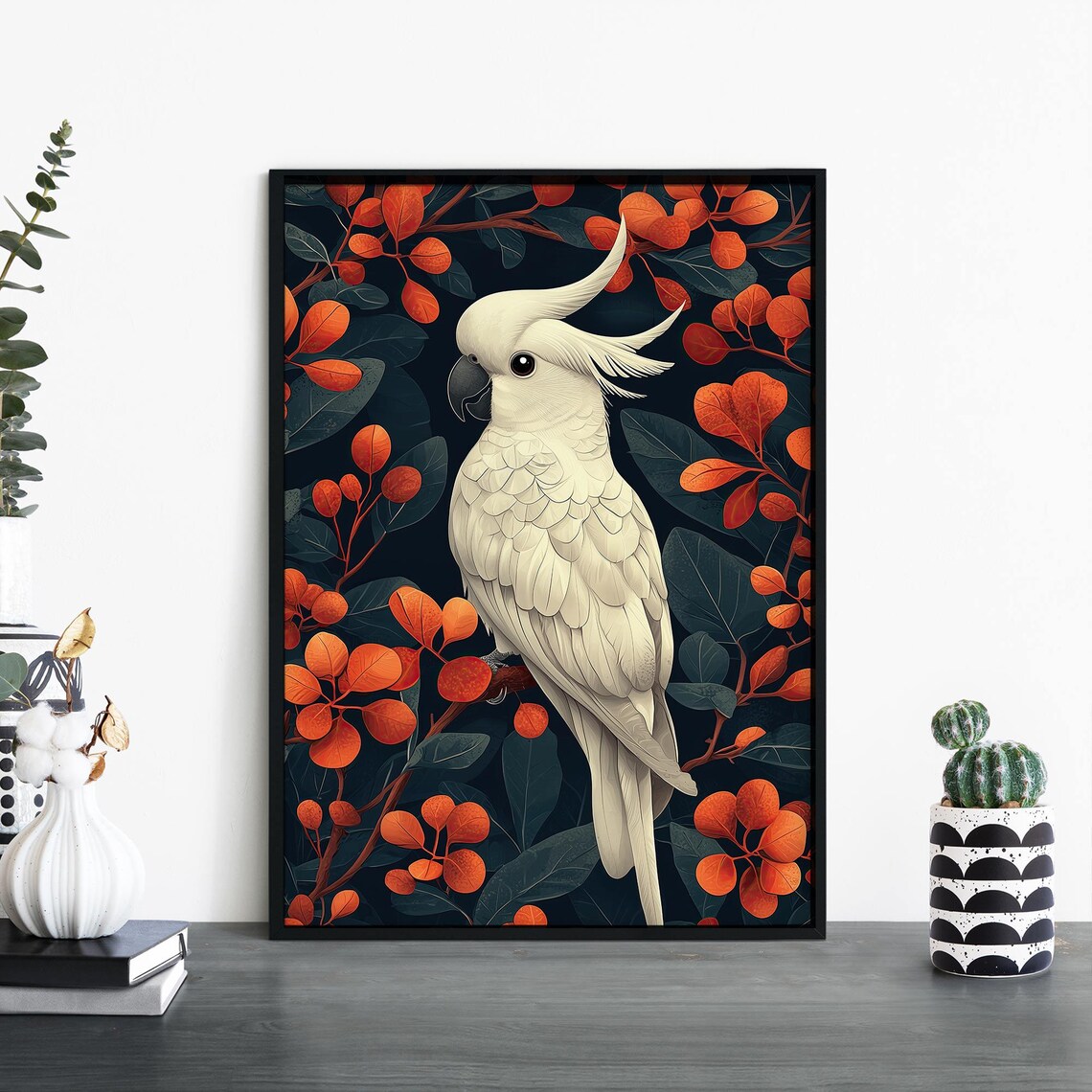 White Cockatoo With Raised Crest Among Red Autumn Leaves Poster