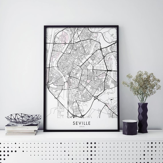 Seville Spain Detailed City Map Black and White Urban Poster