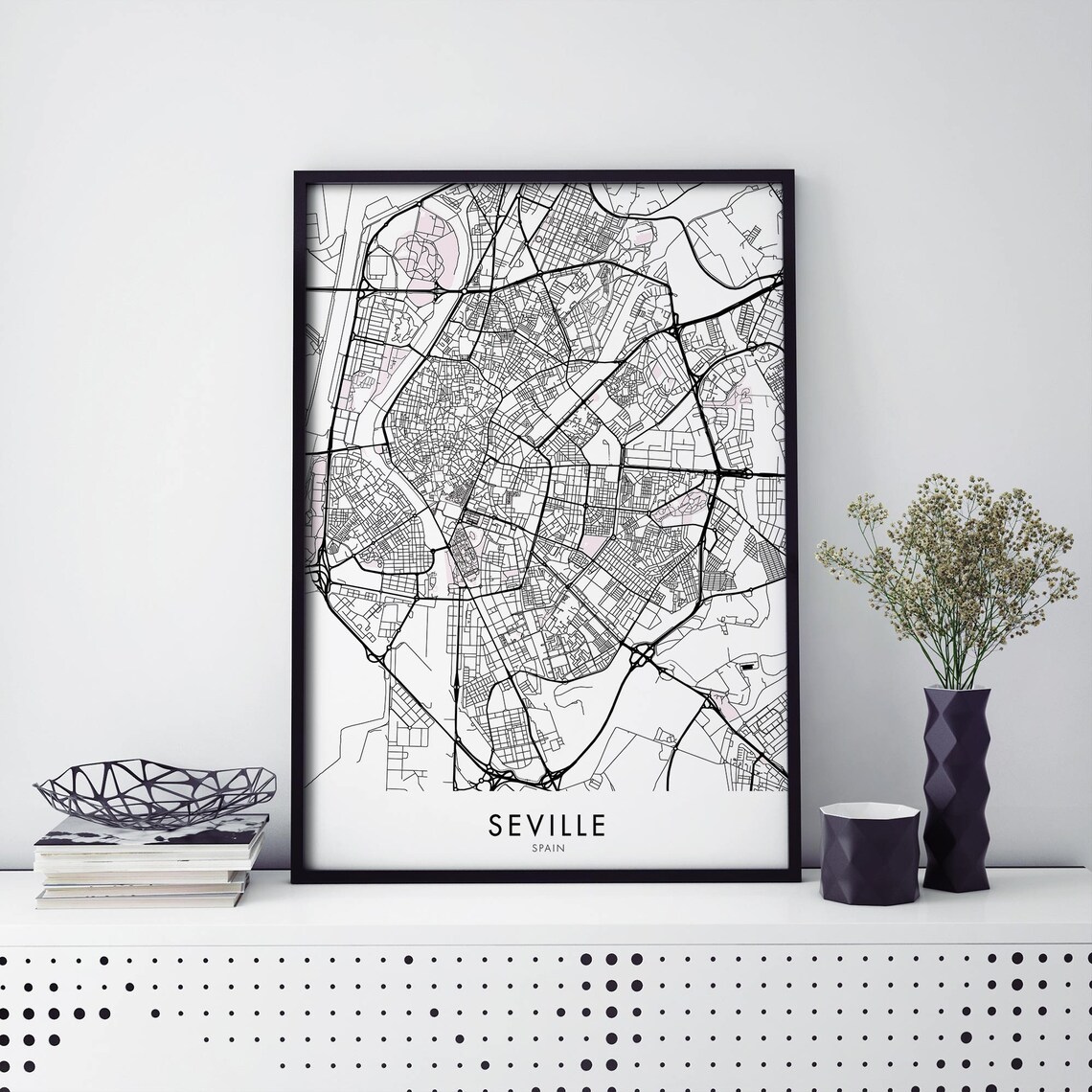 Seville Spain Detailed City Map Black and White Urban Poster