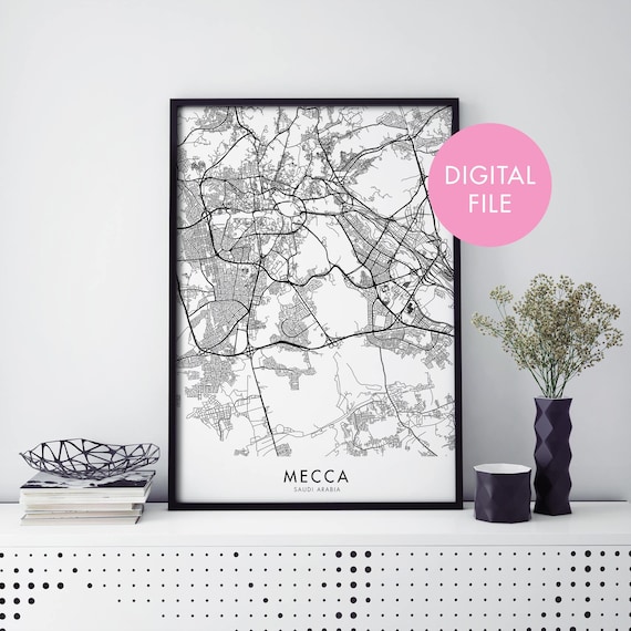 Mecca Saudi Arabia Intricate Black Line City Street Map Poster