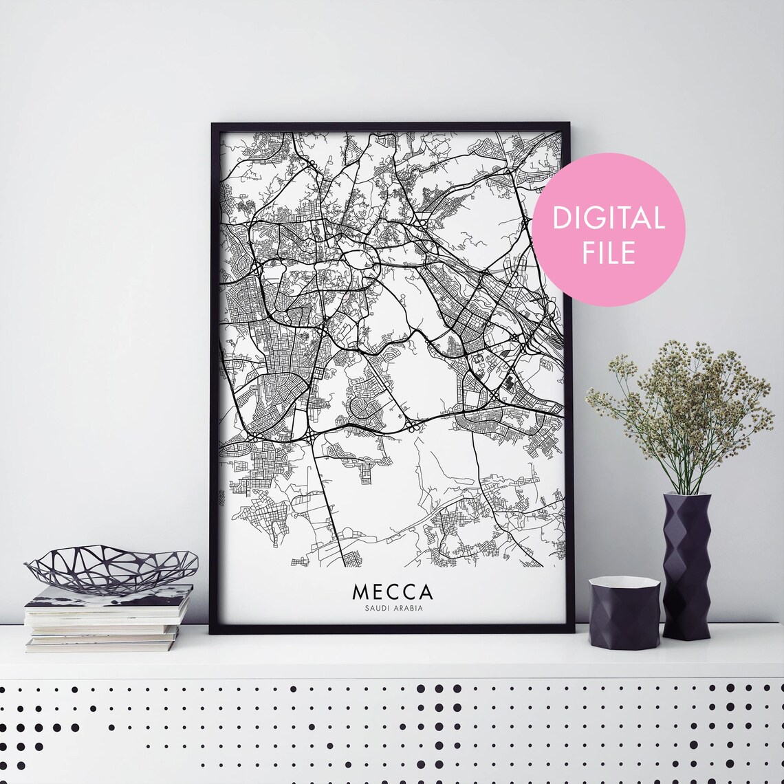 Mecca Saudi Arabia Intricate Black Line City Street Map Poster