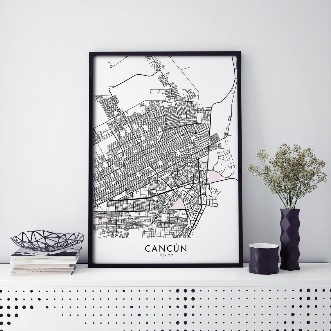 Cancun Mexico Minimalist City Street Map Black and White Poster