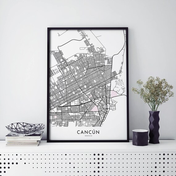 Cancun Mexico Minimalist City Street Map Black and White Poster