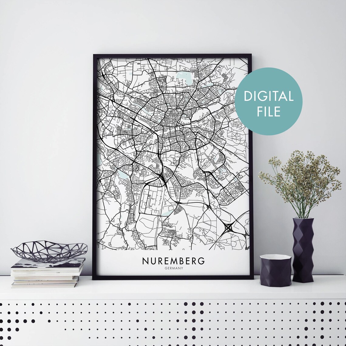 Nuremberg Germany City Street Map Poster In Black And White Lines
