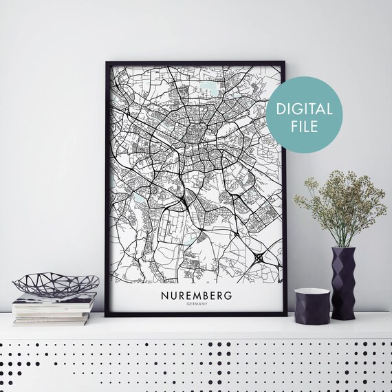 Nuremberg Germany City Street Map Poster In Black And White Lines