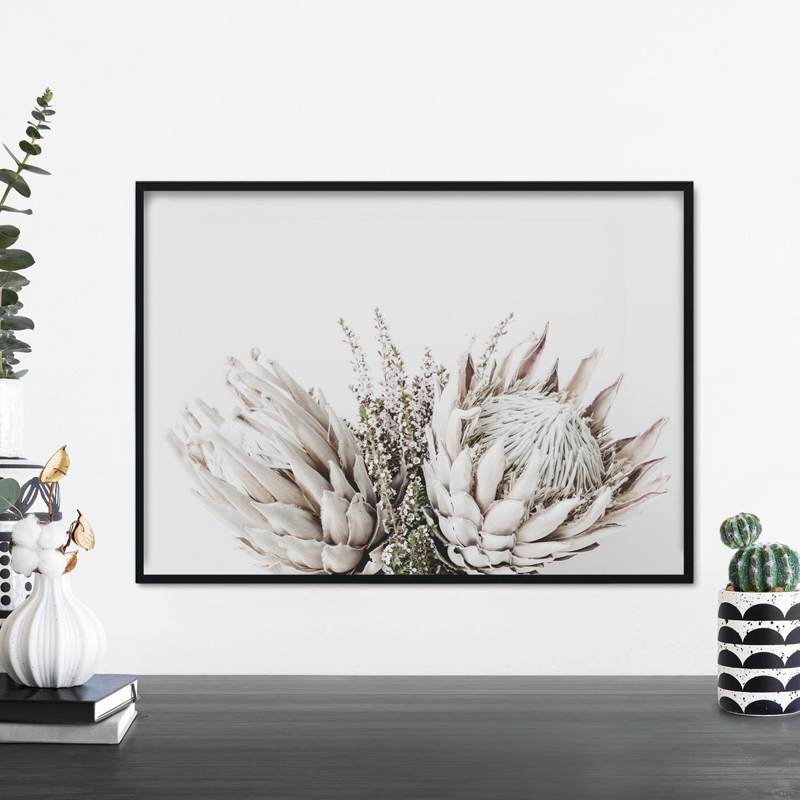 White King Protea Bouquet Neutral Minimalist Floral Photo Poster