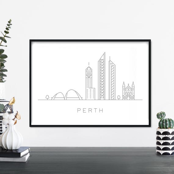 Perth City Skyline Linear Illustration Print Wall Art 4x6 5x7 A4 A3 A2 A1