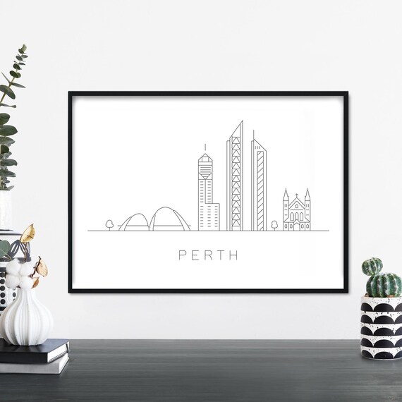 Perth City Skyline Minimal Line Art Illustration Travel Poster
