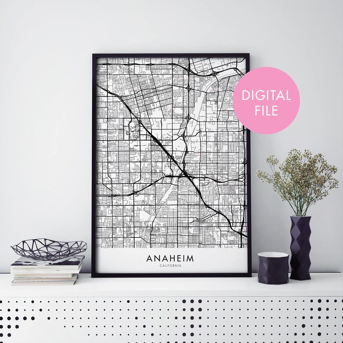Anaheim California Street Map Poster Modern Monochrome Urban Art