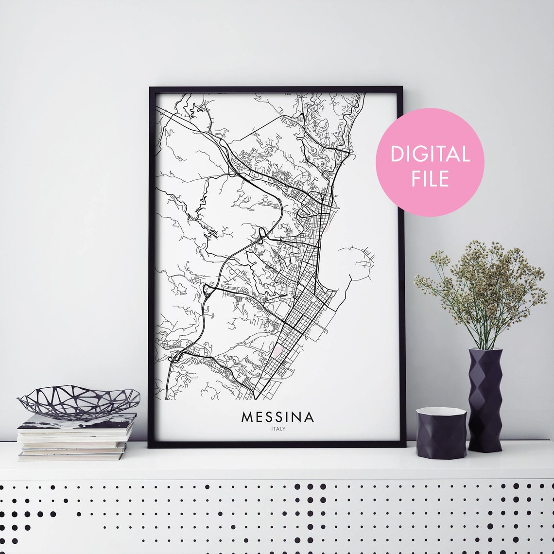 Messina Sicily Italy Minimalist City Street Map Gift Art Poster