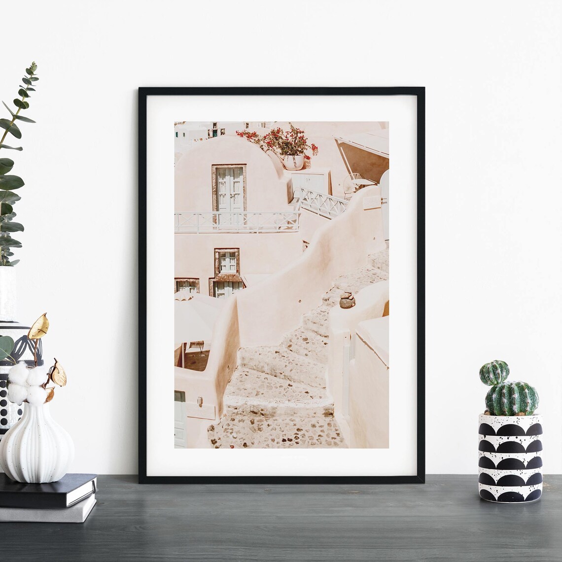 Blush Pink Santorini Staircase Mediterranean Travel Photo Print