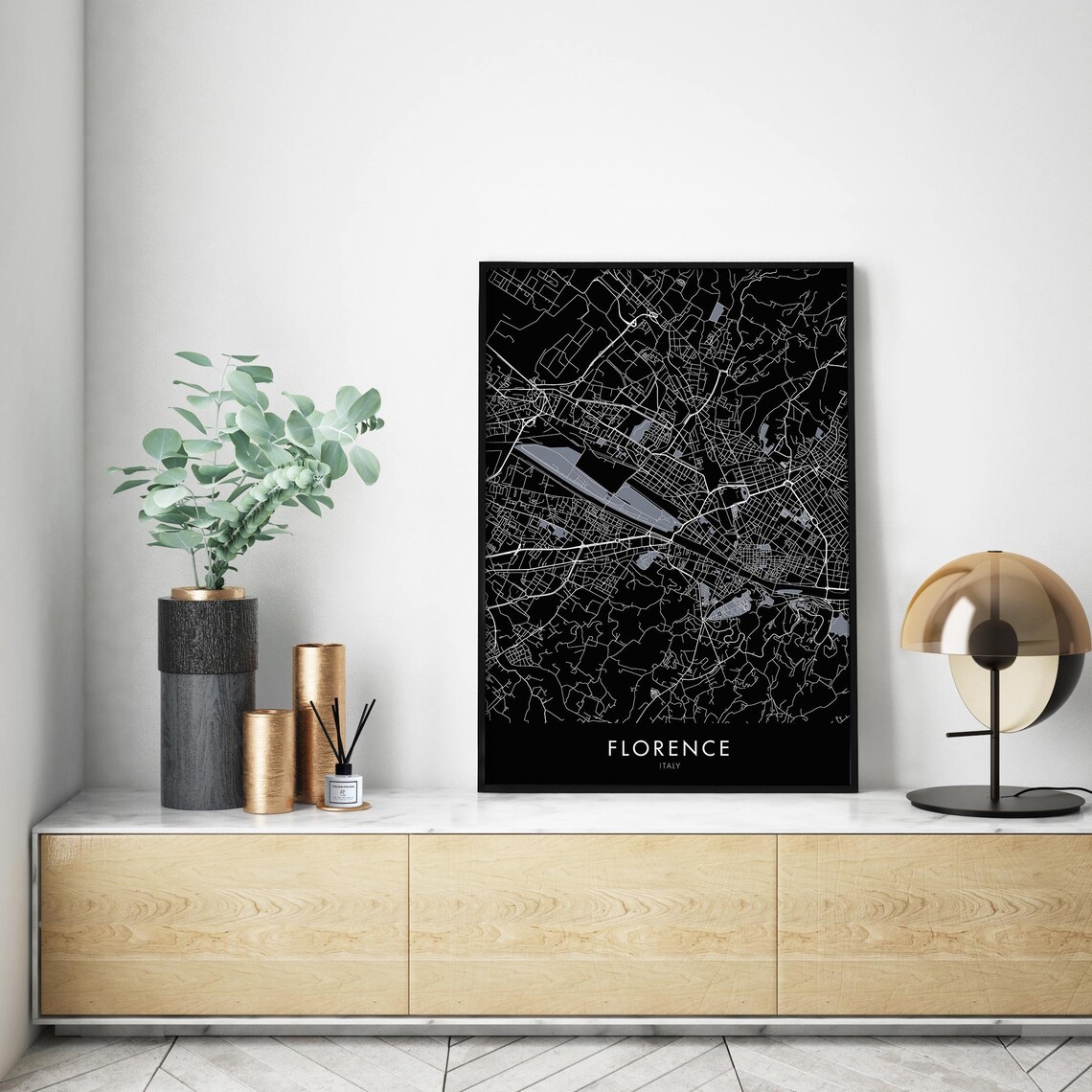Florence Italy City Street Map Black Minimalist Decor Poster