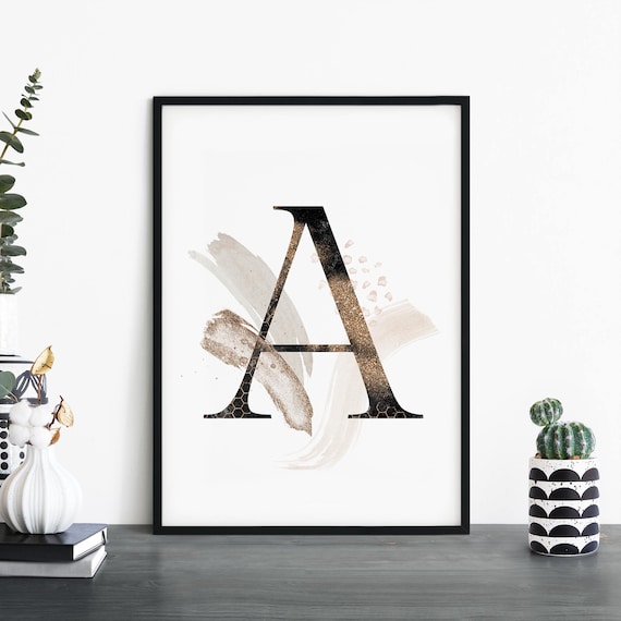Elegant Letter A Gold Glitter Watercolor Monogram Alphabet Print