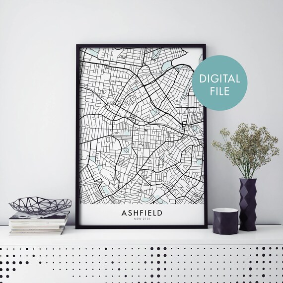 Ashfield Sydney Australia Black Frame Digital File City Map Poster