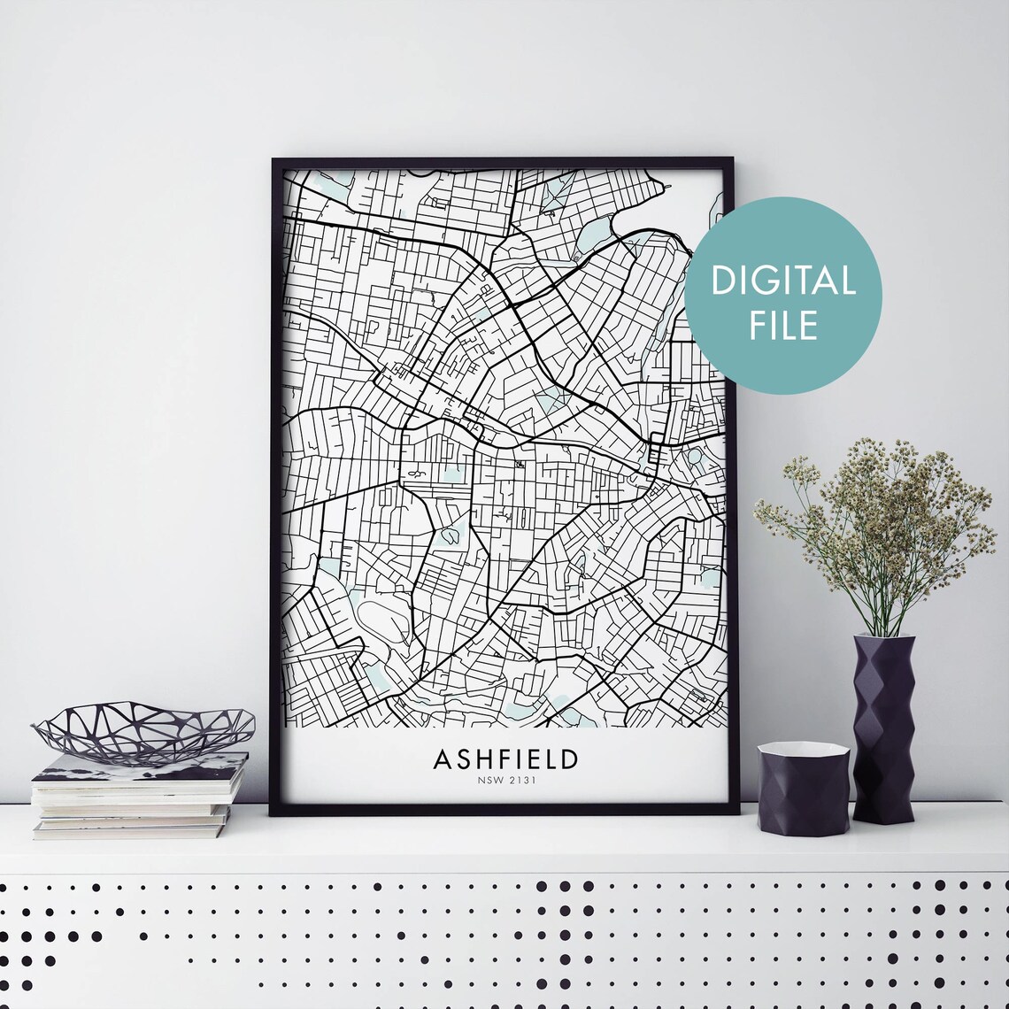 Ashfield Sydney Australia Black Frame Digital File City Map Poster