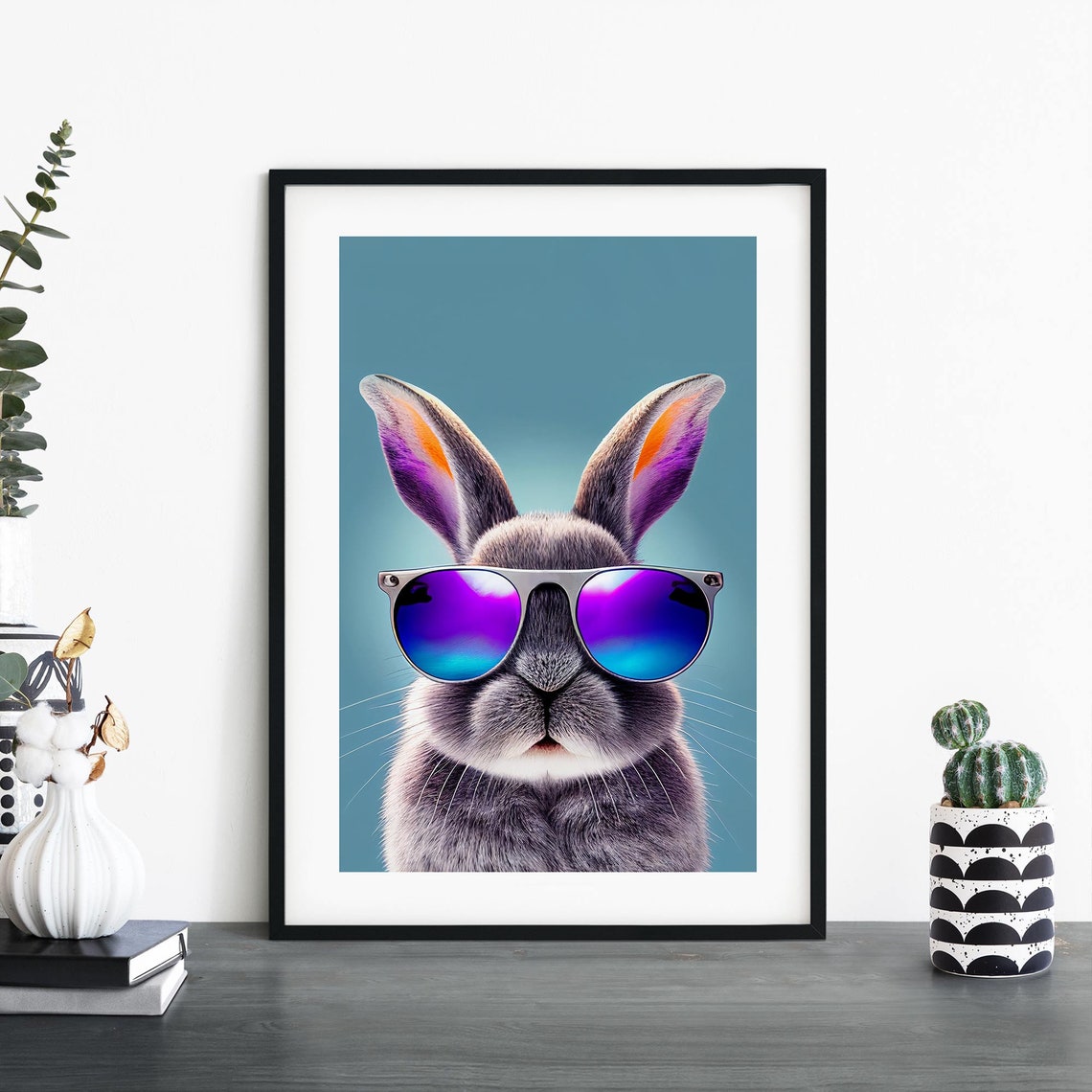 Cool Bunny In Mirrored Sunglasses Teal Background Funny Poster