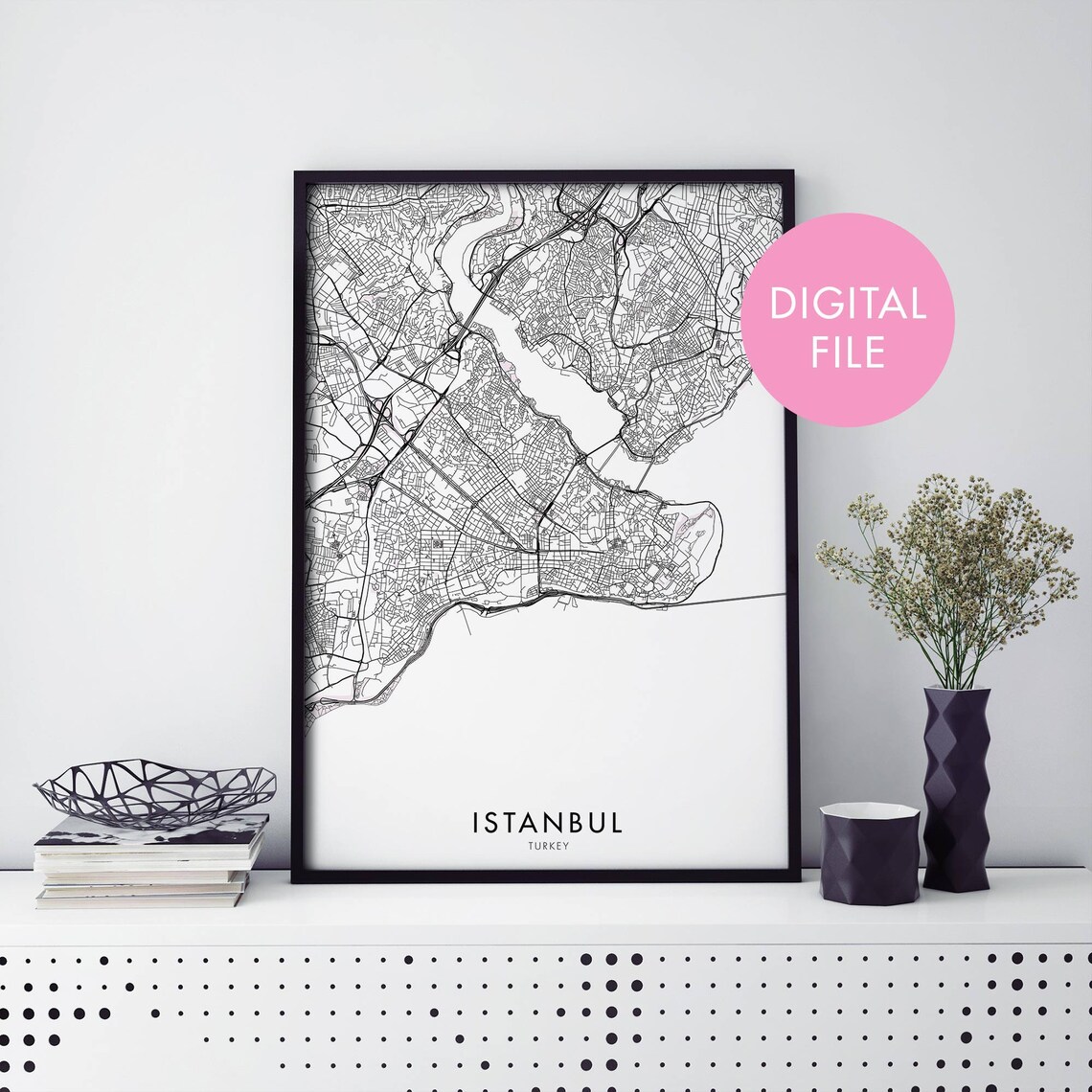 Istanbul Turkey Black Line City Street Map Art Print Home Decor