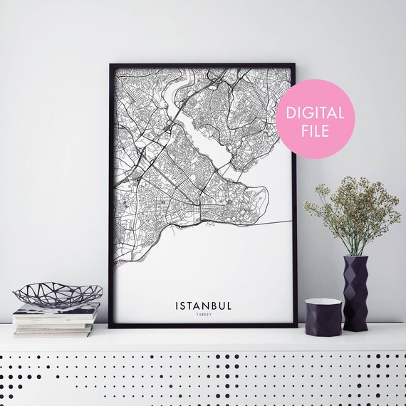 Istanbul Turkey Black Line City Street Map Art Print Home Decor