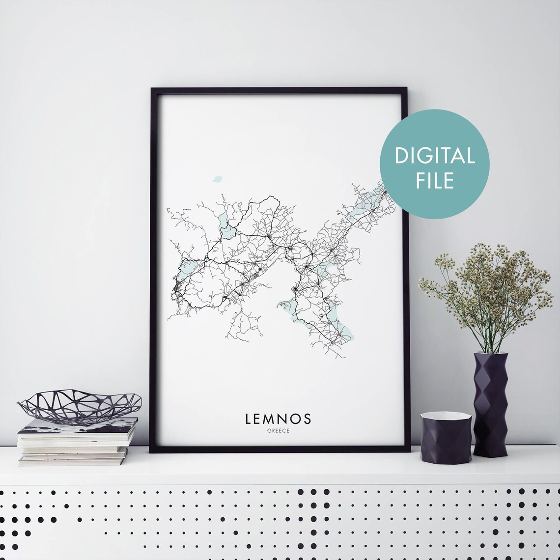 Lemnos Greece Island Minimalist Street Map Travel Art Poster