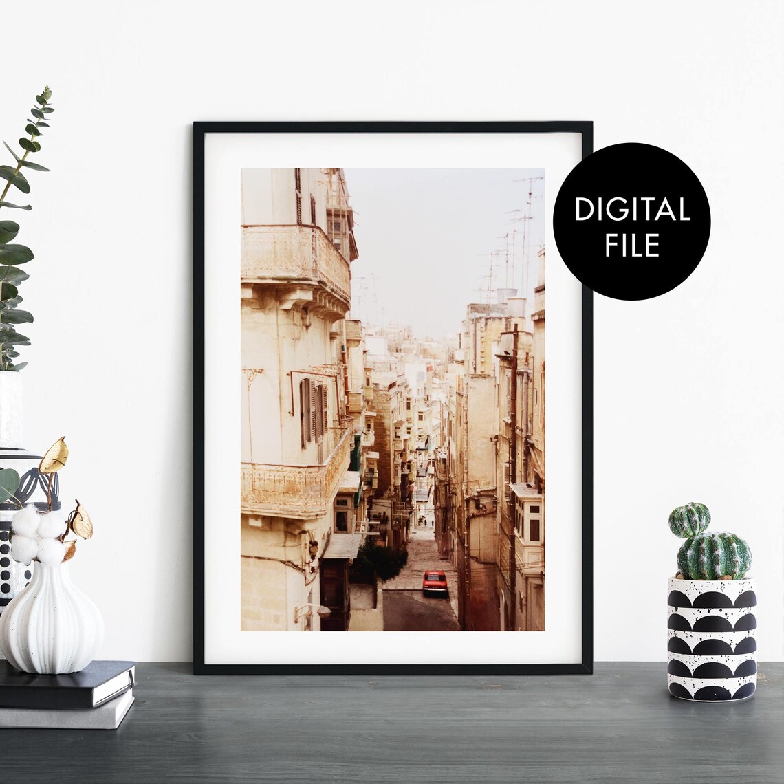 Vintage Maltese Balconies Sunlit Old Town Street Photo Print