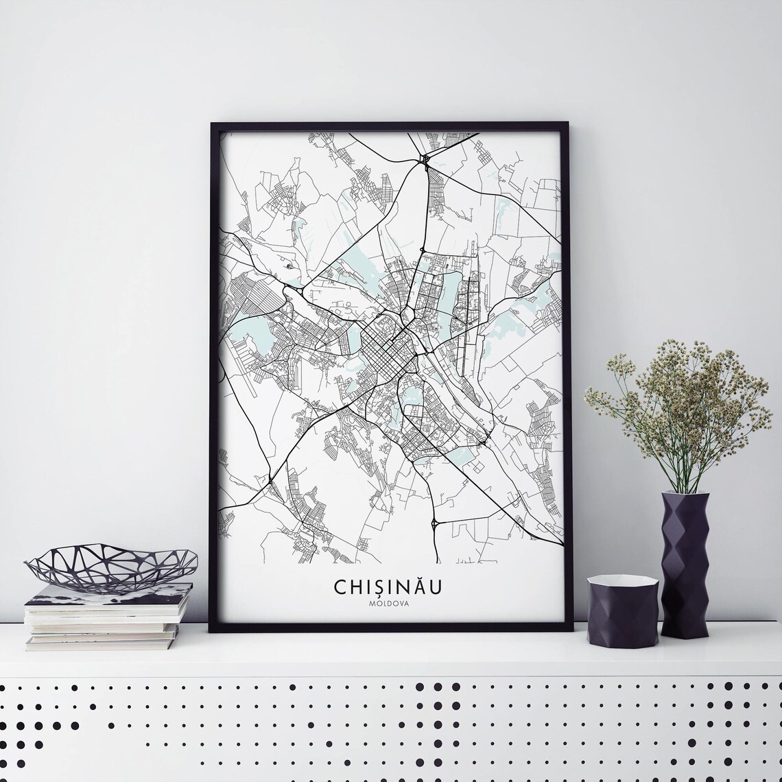 Chisinau Moldova City Street Map Teal Natural Wood Frame Poster