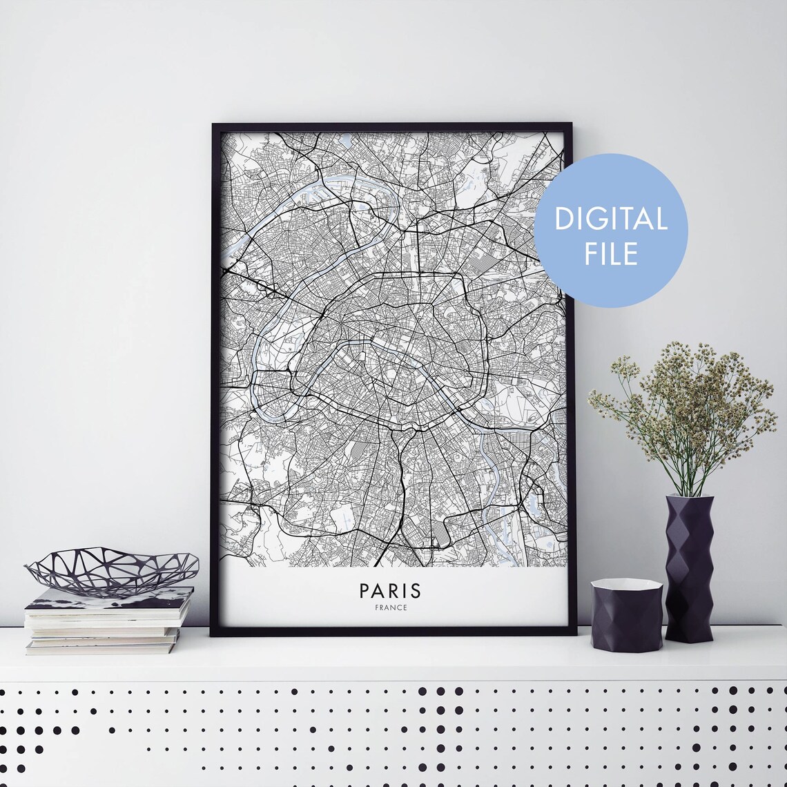 Paris France Minimalist City Map Street Art Digital File Poster