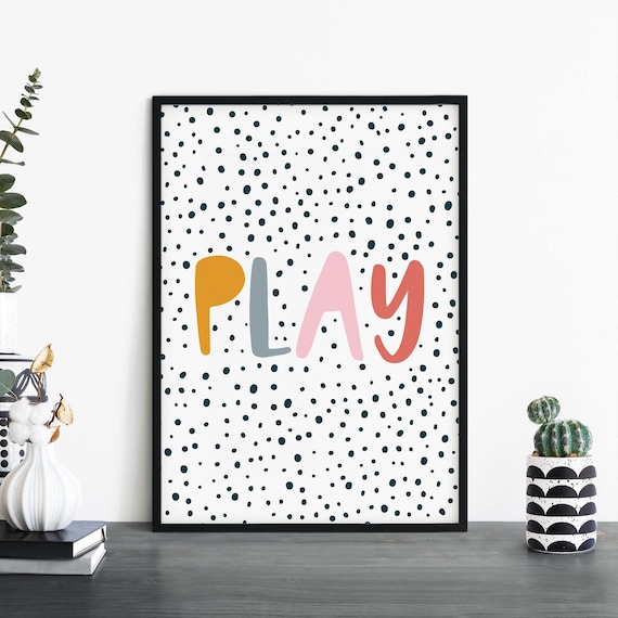 Colorful Play Typography Polka Dot Kids Nursery Room Decor Wall Art