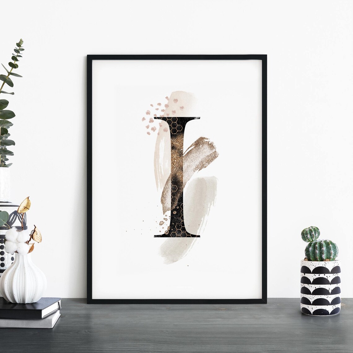 Elegant Letter I Gold Glitter Watercolor Monogram Alphabet Print